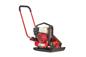 Side view of a red lawnmower with a black foam extrusion moulded sleeve mounted over the metal handle.