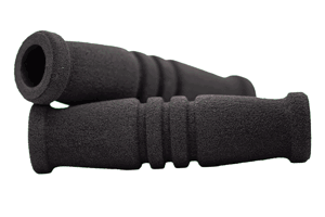 Side view of two stacked black textured finish foam extrusion moulded grips with two grooves in the middle and slightly flanged ends.