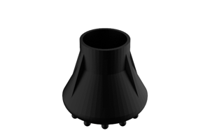 Angled top down view of a black rubber injection moulded foot with a pimpled, flared base.