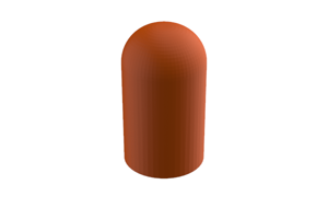 Angled front-top view of a round, orange, silicone injection moulded protective cap.