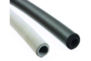 Diagonal view of two foam extrusion moulded sleeves. One is black with a smooth finish, the other is grey with a textured finish.