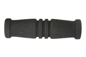 Side view of a black textured finish foam extrusion moulded grip with a grooved middle section and slightly flanged ends.