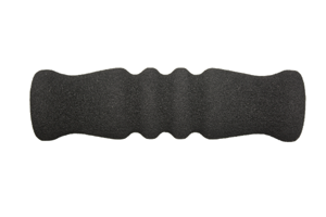 Side view of a black textured finish foam extrusion moulded grip with two curved ribs in the middle and slightly flanged ends.