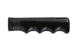 Side view of a black plastic injection moulded finger-nubbed and ribbed grip handle.
