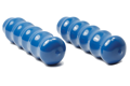 Side-by-side view of two round, blue, flexible gloss PVC dip moulded convoluted grips.