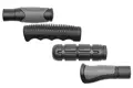 Side view of four black rubber handle grips in varied ergonomic designs, including textured panels, finger grooves, and segmented or contoured surfaces.