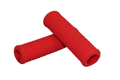 Diagonal view of two red textured foam moulded grip-handles with multiple curved grooves from one side to the other.