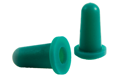 Side-by-side view of two round, green, hi-temp silicone injection moulded cone caps—one upright and one tilted to display the open end.