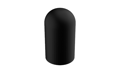 Angled front-top view of a round, black, silicone injection moulded protective cap.