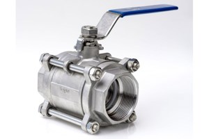 Close-up angled view of a stainless steel ball valve featuring a prominent blue PVC flat lever handle used for manual operation.
