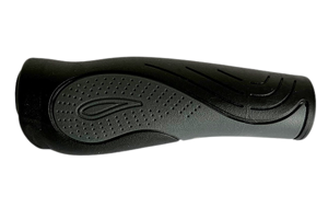 Side view of a black and grey rubber injection moulded grip handle with a matte finish and wavey design.