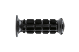 Side view of a black plastic ribbed grip-handle with flanged open end.
