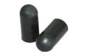 Side-by-side view of two round, black, hi-temp EPDM injection moulded protective caps—one upright and one tilted to display the closed end surface.