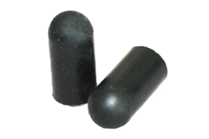Side-by-side view of two round, black, hi-temp EPDM injection moulded protective caps—one upright and one tilted to display the closed end surface.