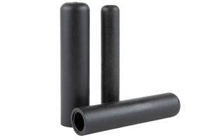 Angled side view of three black striaght sided industrial grips with a textured finish. Two upright and one on its side.