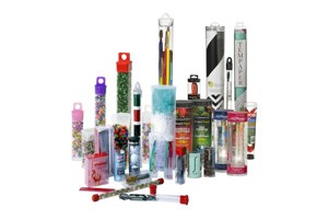 Collection of clear packaging tubes with a variety of closures depicting the VisiPak range.