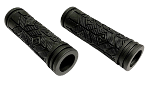 Angled side view of two injection moulded rubber grips that have a textured, patterned design.