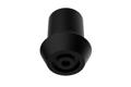 Angled bottom up view of a black rubber injection moulded foot with a flanged base used for walking sticks.