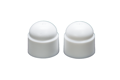 Side-by-side view of two, white, LLDPE injection moulded nut caps.