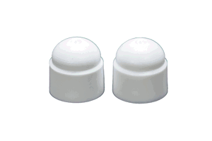 Side-by-side view of two, white, LLDPE injection moulded nut caps.