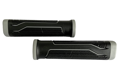 Side-by-side view of two black and grey injection moulded rubber grips with parallel lines running length ways.