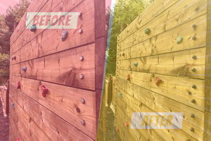 Split-view of a wooden climbing wall showing a 'before' and 'after' comparison—left side without nut caps exposing bolt ends, and right side with black nut caps securely mounted over the bolts.