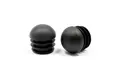 Side view of two round black injection moulded plastic tube inserts with domed bases.