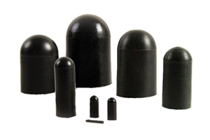 Front view of eight black round EPDM caps in various sizes.