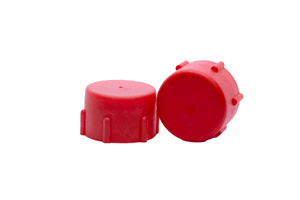 Side-by-side view of two red, LDPE metric threaded caps—one upright and one tilted to display the flat closed end.