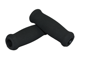 Angled view of two black foam textured grips that have a slight flanges on both ends.