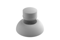 Angled front-top view of a two-piece, domed, white LDPE injection moulded secure nut and bolt cover cap.