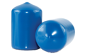 Side-by-side view of two round, blue, flexible hi-temp dip moulded protective caps—one upright and one tilted to display the closed end surface.