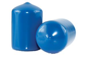Side-by-side view of two round, blue, flexible hi-temp dip moulded protective caps—one upright and one tilted to display the closed end surface.