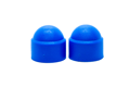 Side-by-side view of two, blue, domed LDPE injection moulded nut caps.