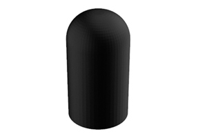 Angled front-top view of a round, black, EPDM injection moulded protective cap.