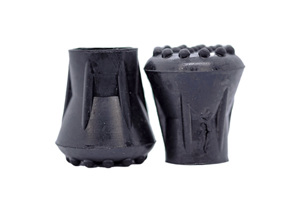 Side view of two black rubber injection moulded chair feet with a pimpled, flared base. One facing up, one facing down.
