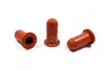 Side-by-side view of three round, rusty red, hi-temp silicone injection moulded washer caps—one upright and two on their sides facing in different directions.