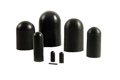 Front view of eight black round EPDM rubber caps in various sizes.