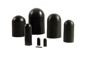 Front view of eight black round EPDM rubber caps in various sizes.