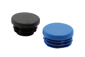 Angled view of two round LDPE tube insert feet, injection moulded in black and blue.