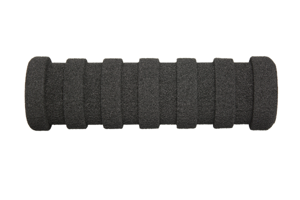 Side view of a black foam extrusion moulded grip with straight flat cut outs from one side to the other.