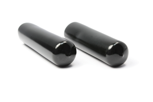Angled side view of two round, black gloss, flexible PVC dip moulded straight-sided grips.