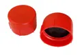 Side-by-side view of two red, plastic metric threaded caps—one upright and one tilted to display the open end showing a rubber sealing disc.