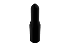 Angled front-top view of a round, black, flexible PVC dip moulded pull-tab cap.