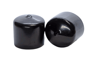 Side-by-side view of two round, black, flexible non-phthalate dip moulded protective caps—one upright and one tilted to display the closed end surface.