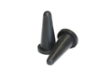 Side-by-side view of two round, black, hi-temp silicone injection moulded cone caps—one upright and one tilted to display the closed end.