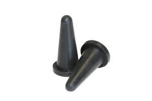 Side-by-side view of two round, black, hi-temp silicone injection moulded cone caps—one upright and one tilted to display the closed end.
