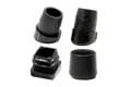 Four styles of black plastic chair feet showing angled versions including both internal and external.