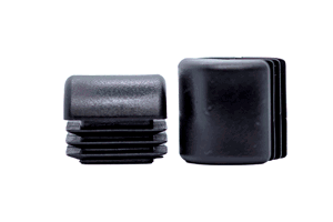 Two square, domed plastic insert feet for school chairs and tables in black.
