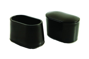 Side view of two black oval LDPE injection moulded chair feet with flat sides and slightly curved bases.